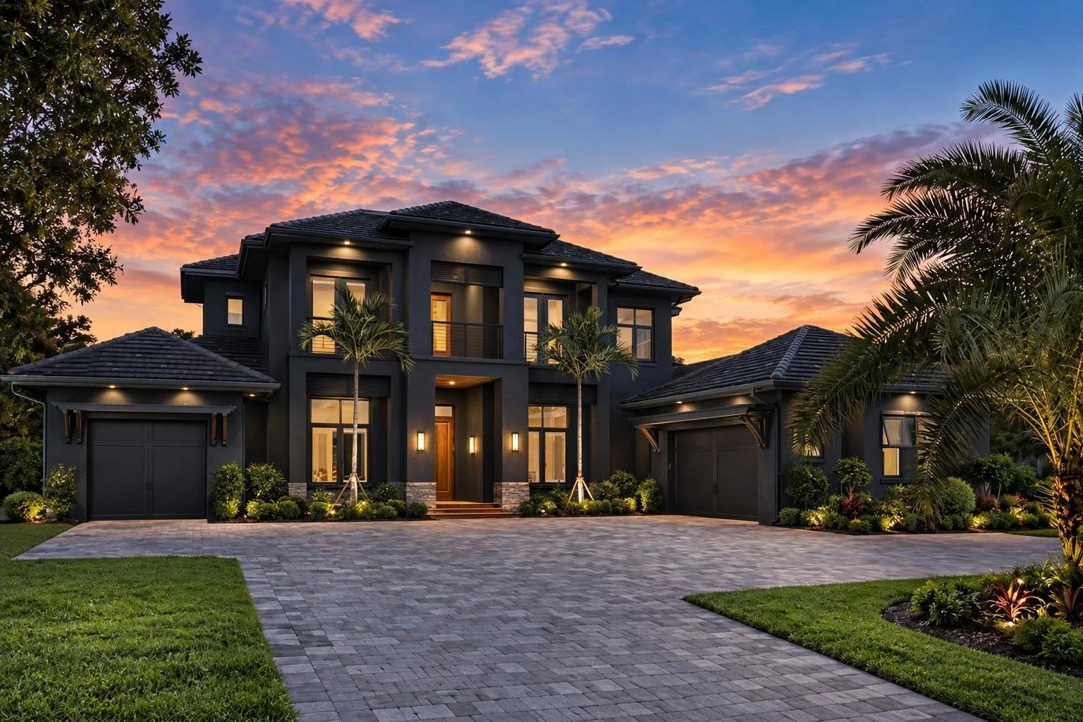 23-1514 HOUSE PLAN – Contemporary Mediterranean Home Plan – 4-Bed, 4-Bath, 4,738 SF - Modern Dark, AI-generated exterior concept