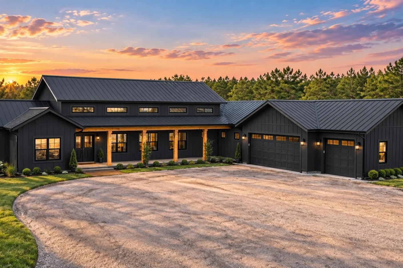24-1518 HOUSE PLAN – Barndominium Home Plan – 3-Bed, 2.5-Bath, 2,400 SF - Modern Dark, AI-generated exterior concept