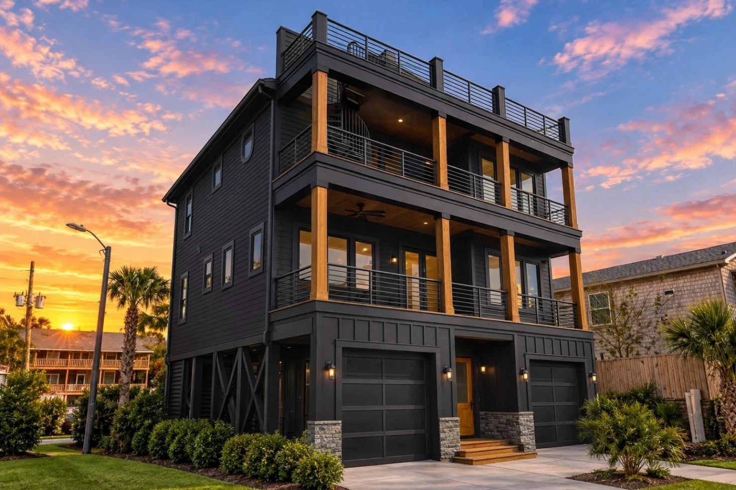 24-1943 HOUSE PLAN – Coastal Home Plan – 4-Bed, 4-Bath, 2,573 SF - Modern Dark, AI-generated exterior concept