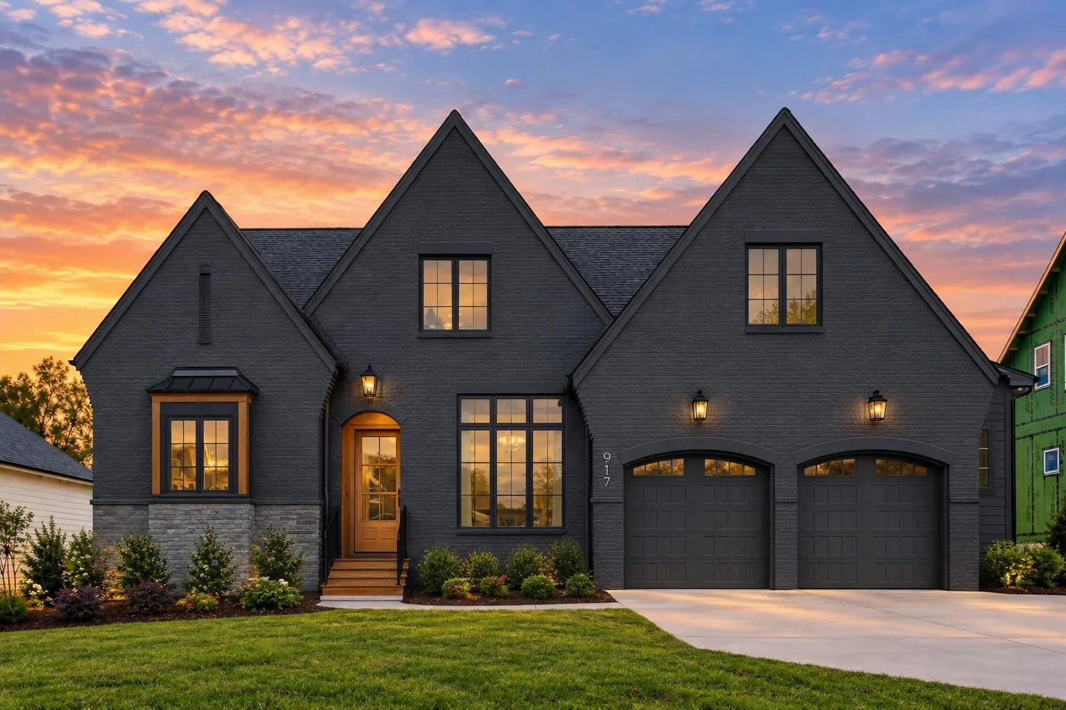 24-1438 HOUSE PLAN – Contemporary Tudor Home Plan – 4-Bed, 3.5-Bath, 3,118 SF - Modern Dark, AI-generated exterior concept