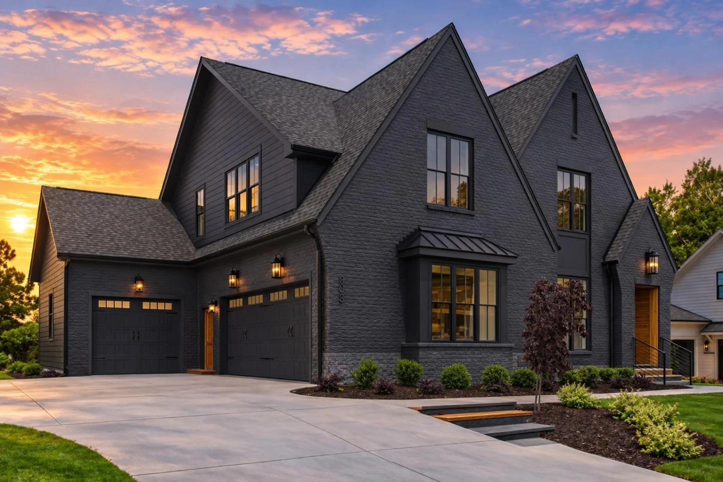 24-1876 HOUSE PLAN – Modern Tudor Home Plan – 5-Bed, 4.5-Bath, 3,290 SF - Modern Dark, AI-generated exterior concept