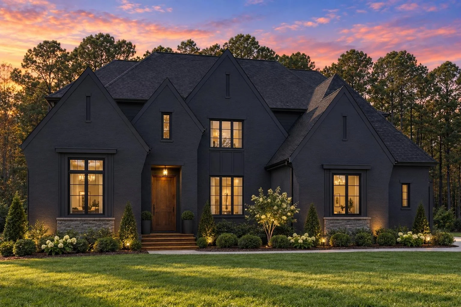 24-1376 HOUSE PLAN – Contemporary Tudor Home Plan – 6-Bed, 5-Bath, 7,103 SF - Modern Dark, AI-generated exterior concept