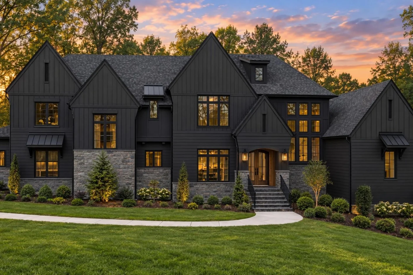 24-1184 HOUSE PLAN – Modern Tudor Home Plan – 5-Bed, 5-Bath, 5,266 SF - Modern Dark, AI-generated exterior concept