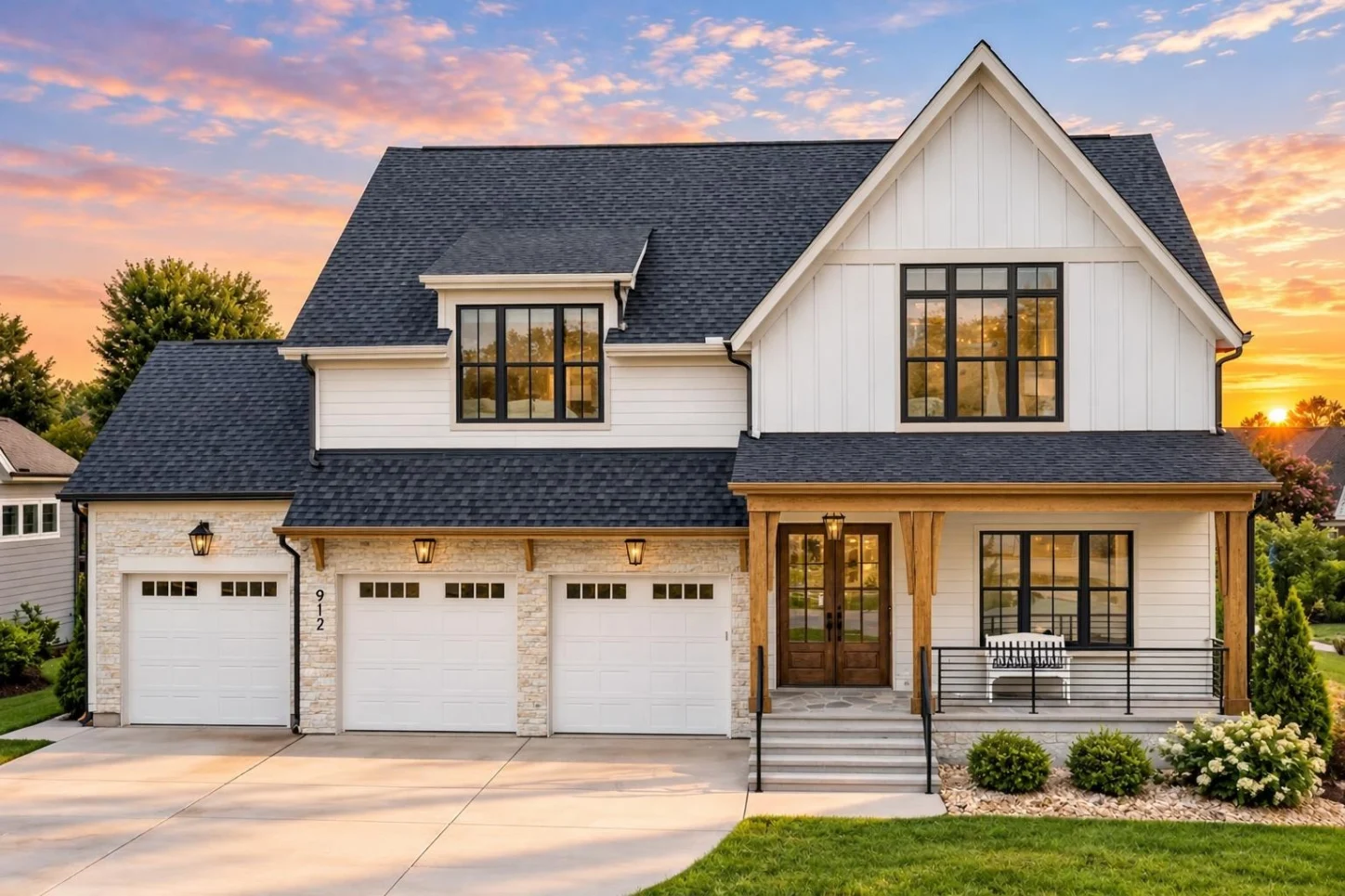 24-1298 HOUSE PLAN – Modern Farmhouse Home Plan – 4-Bed, 4.5-Bath, 3,335 SF - Warm Natural, AI-generated exterior concept