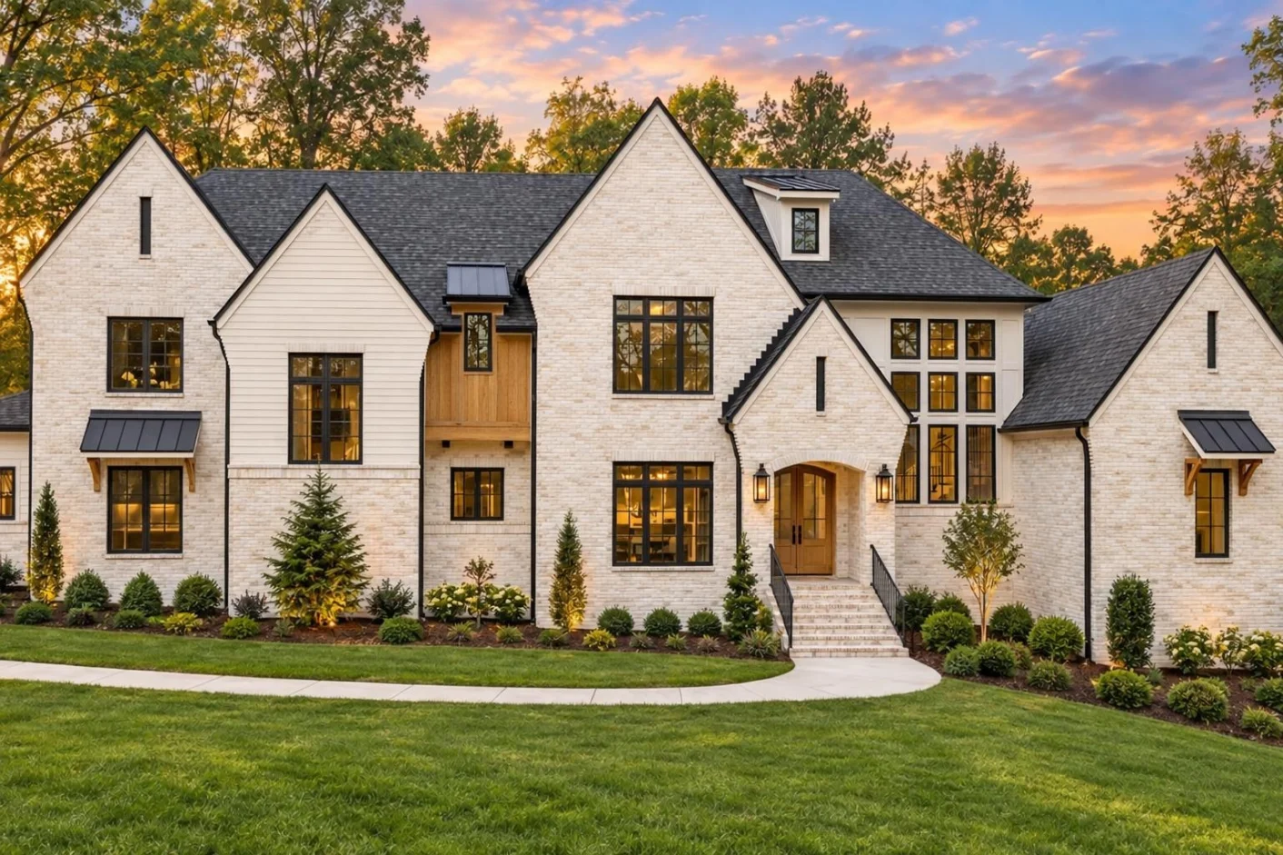 24-1184 HOUSE PLAN – Modern Tudor Home Plan – 5-Bed, 5-Bath, 5,266 SF - Warm Natural, AI-generated exterior concept