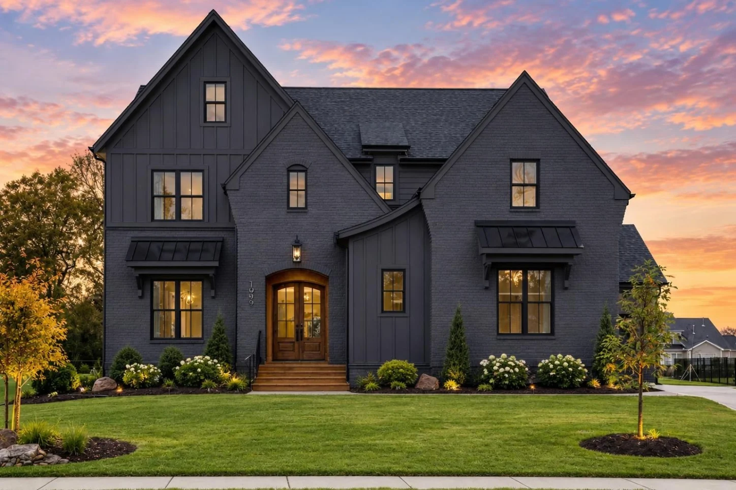 24-1253 HOUSE PLAN – Modern European Farmhouse Home Plan – 4-Bed, 4.5-Bath, 3,549 SF - Modern Dark, AI-generated exterior concept