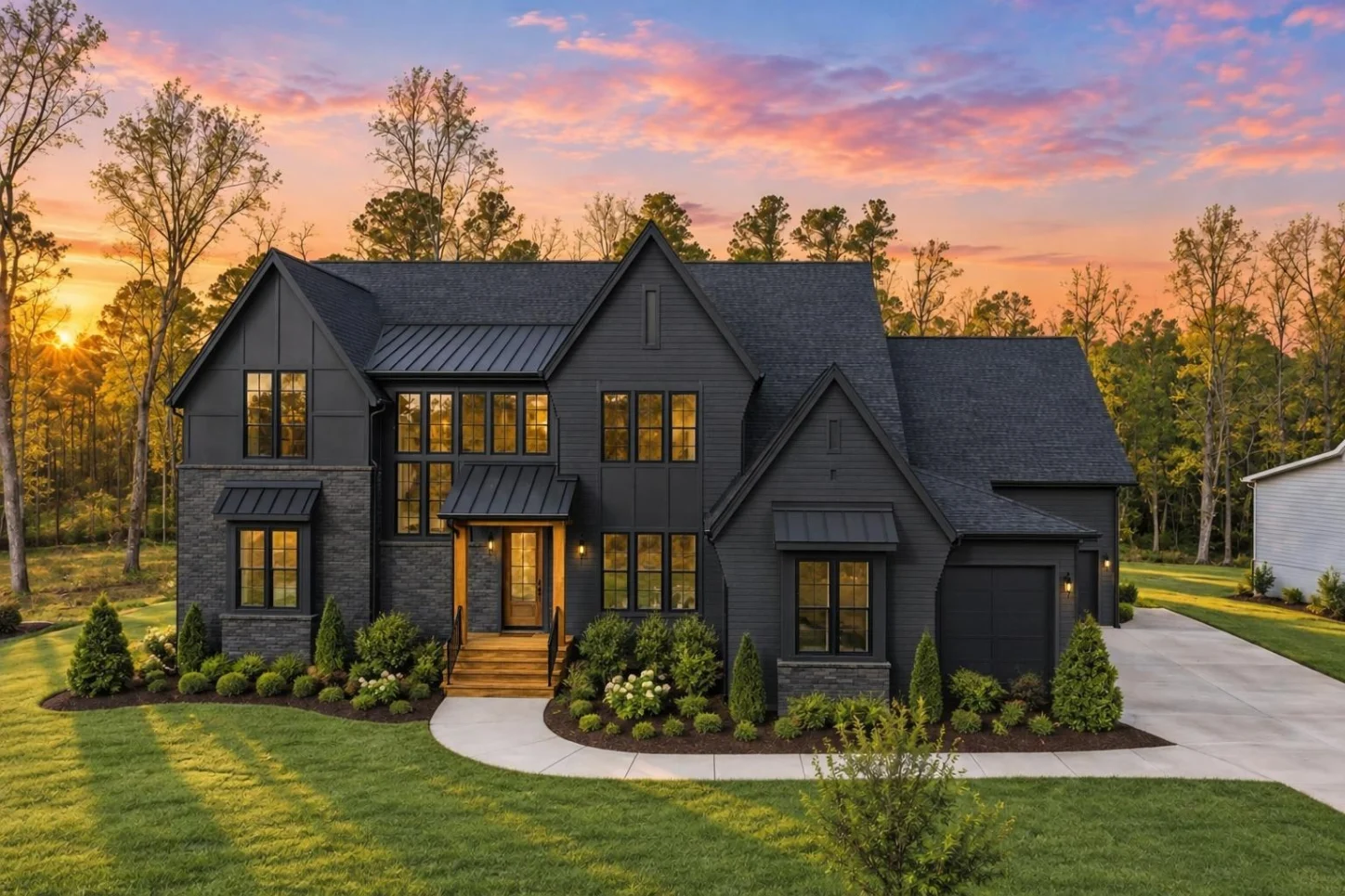 24-1001 HOUSE PLAN – Modern Tudor Home Plan – 4-Bed, 5-Bath, 4,677 SF - Modern Dark, AI-generated exterior concept