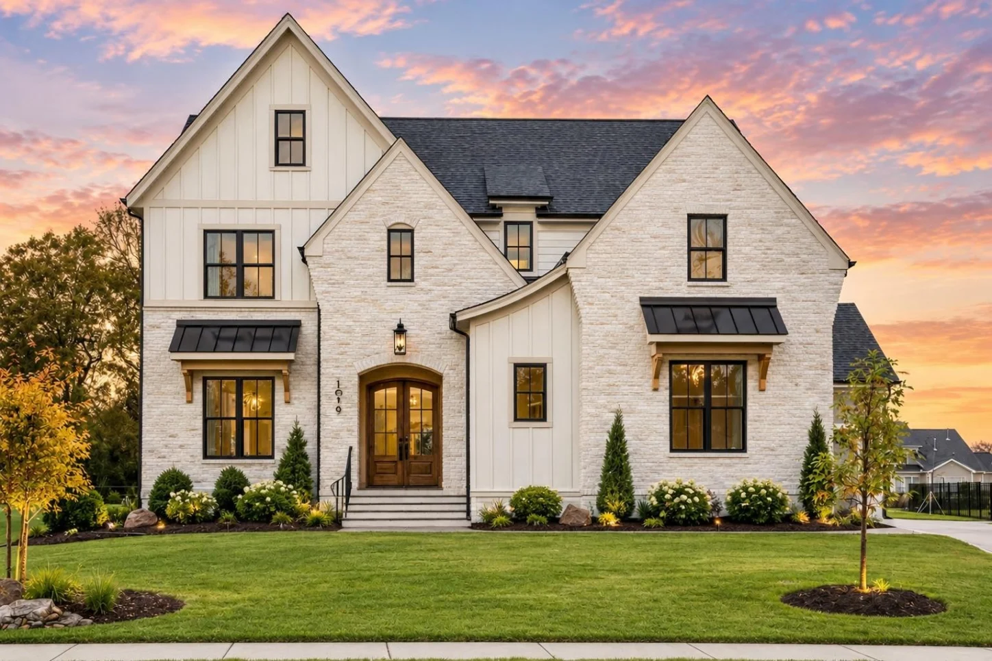 24-1253 HOUSE PLAN – Modern European Farmhouse Home Plan – 4-Bed, 4.5-Bath, 3,549 SF - Warm Natural, AI-generated exterior concept