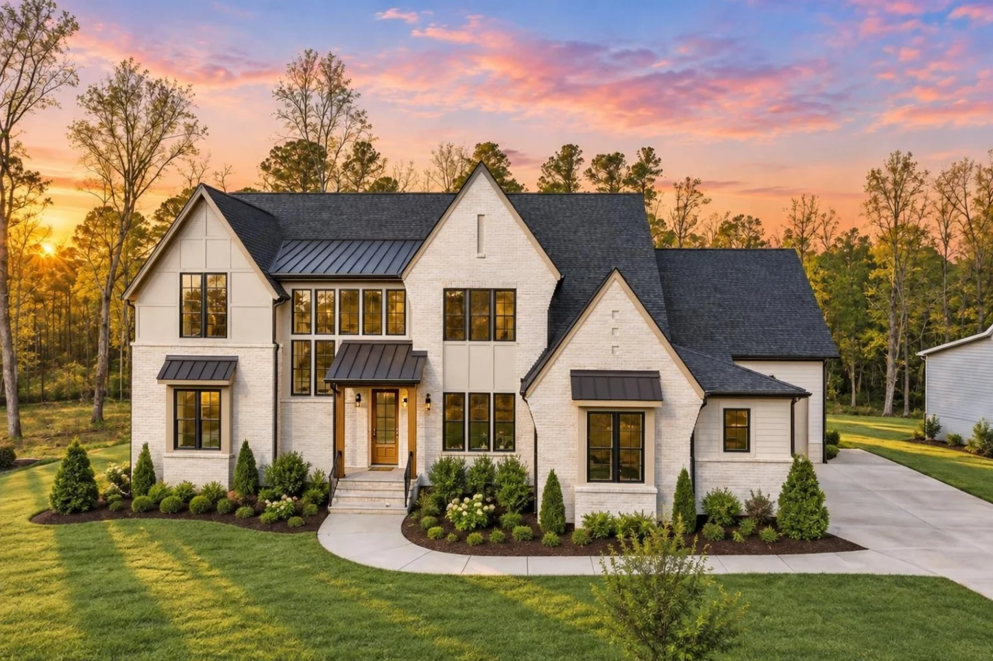 24-1001 HOUSE PLAN – Modern Tudor Home Plan – 4-Bed, 5-Bath, 4,677 SF - Warm Natural, AI-generated exterior concept