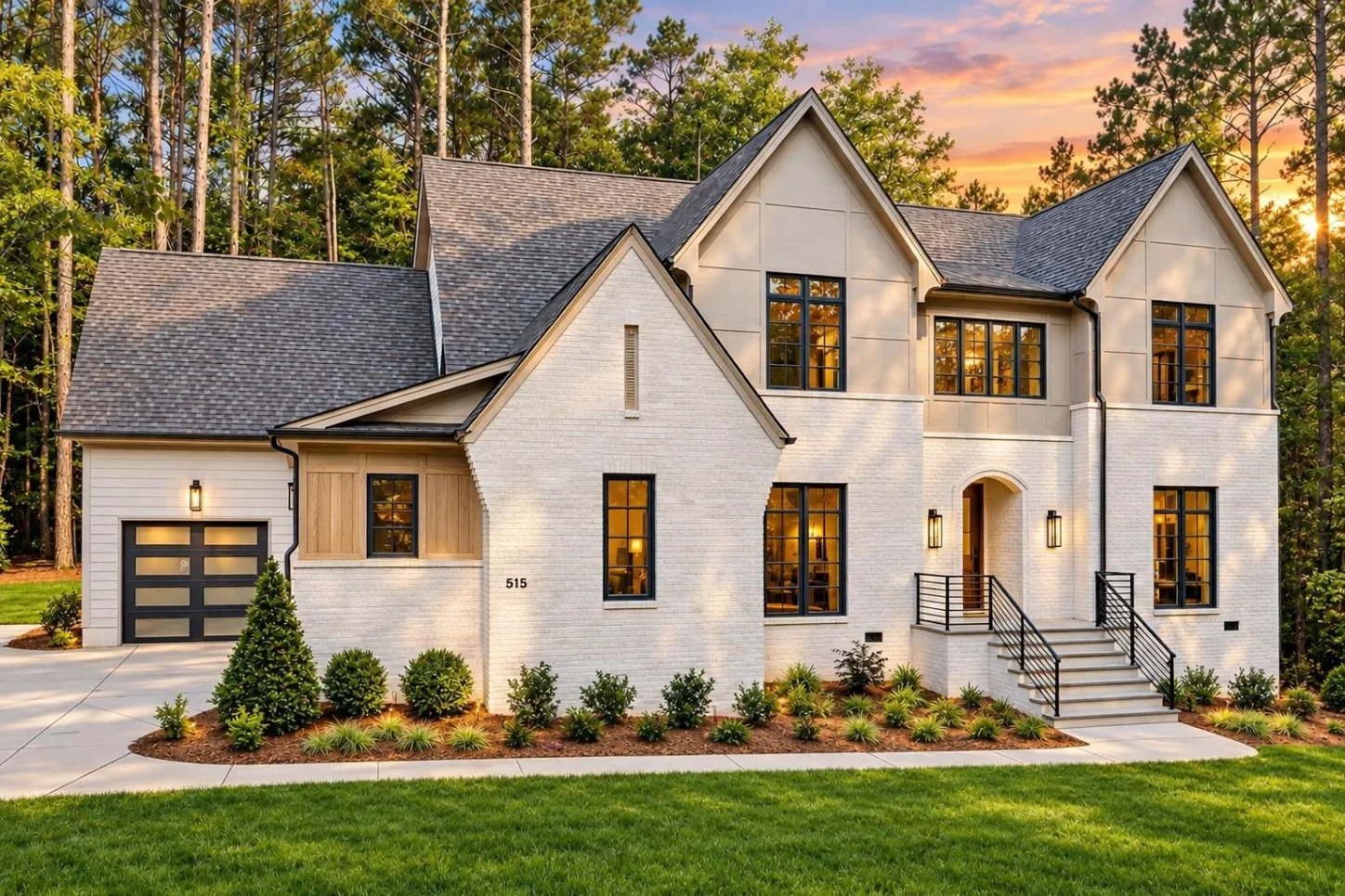 23-1210 HOUSE PLAN – Modern Tudor Home Plan – 5-Bed, 5-Bath, 4,304 SF - Warm Natural, AI-generated exterior concept