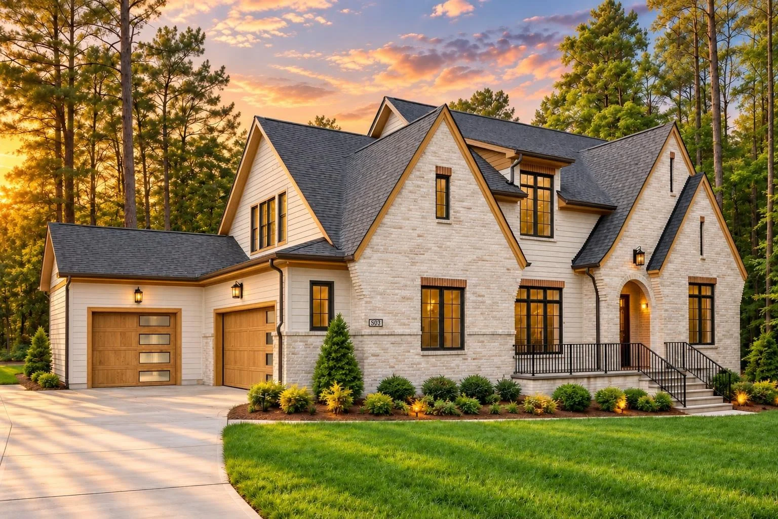 23-1240 HOUSE PLAN – Modern Tudor Home Plan – 5-Bed, 5-Bath, 4,334 SF - Warm Natural, AI-generated exterior concept