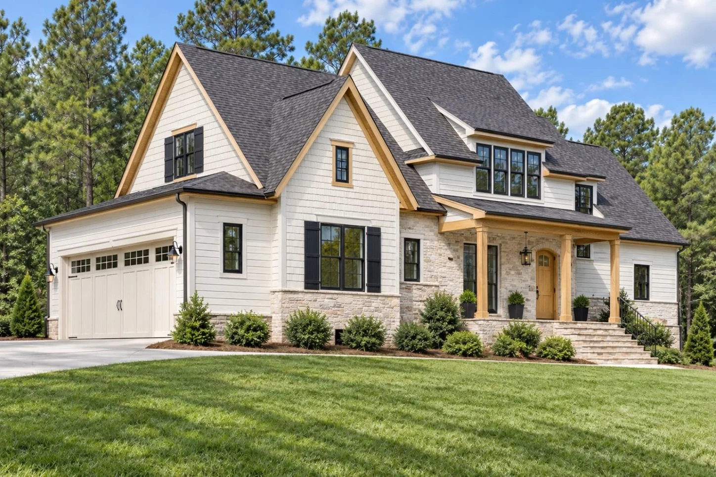 23-1769 HOUSE PLAN – Modern Farmhouse Home Plan – 4-Bed, 3.5-Bath, 3,201 SF - Warm Natural, AI-generated exterior concept