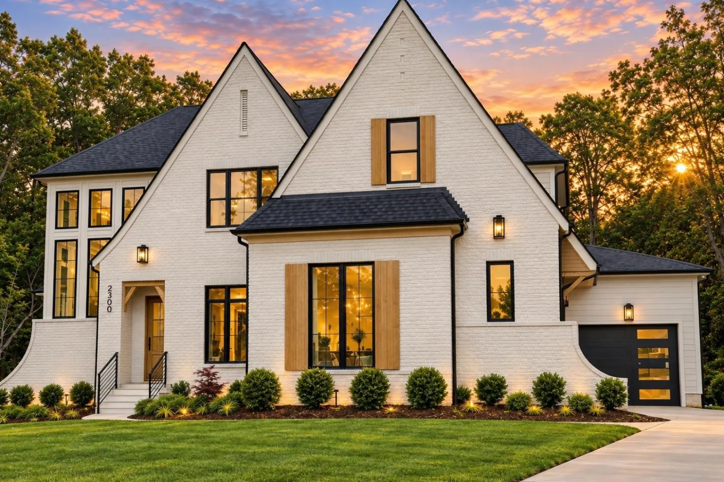 23-1264 HOUSE PLAN – Modern Tudor Home Plan – 5-Bed, 5-Bath, 4,020 SF - Warm Natural, AI-generated exterior concept