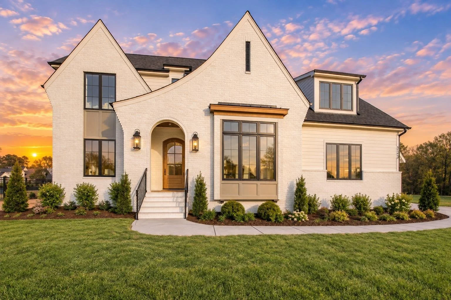 23-1353 HOUSE PLAN – Modern Tudor Home Plan – 4-Bed, 4.5-Bath, 3,428 SF - Warm Natural, AI-generated exterior concept