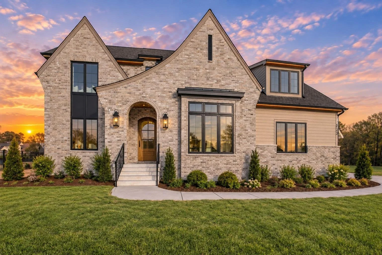 23-1353 HOUSE PLAN – Modern Tudor Home Plan – 4-Bed, 4.5-Bath, 3,428 SF - Modern Brick, AI-generated exterior concept