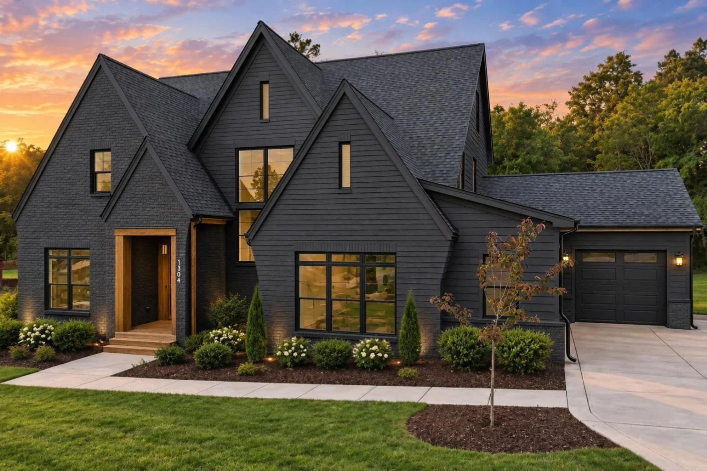 23-2047 HOUSE PLAN – Modern Tudor Home Plan – 4-Bed, 5.5-Bath, 3,697 SF - Modern Dark, AI-generated exterior concept