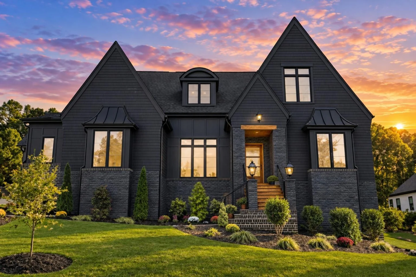 23-1243 HOUSE PLAN – Contemporary Tudor Home Plan – 4-Bed, 5-Bath, 7,129 SF - Modern Dark, AI-generated exterior concept