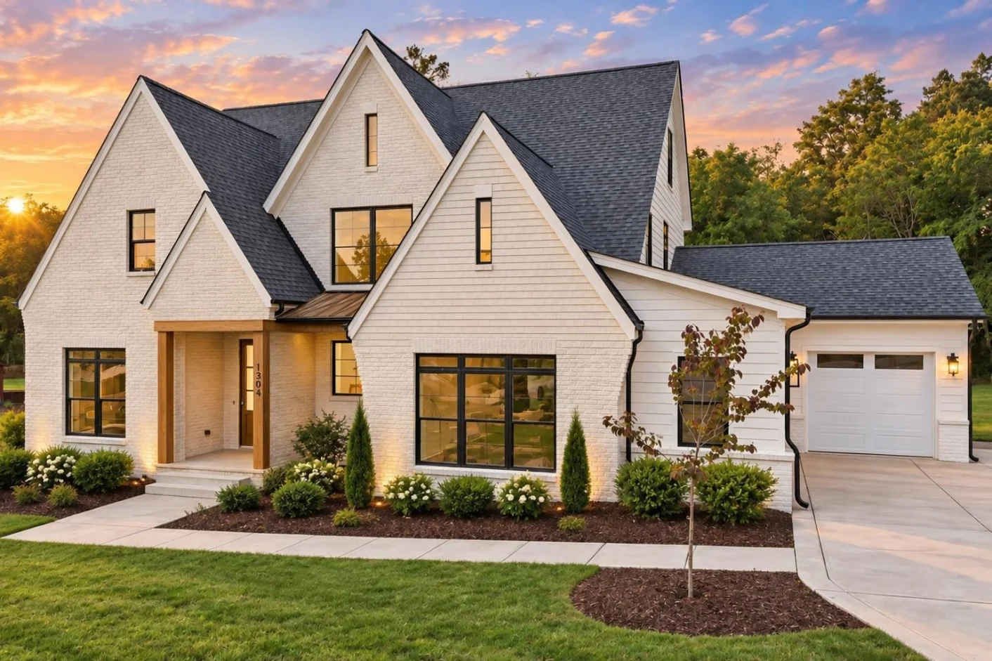 23-2047 HOUSE PLAN – Modern Tudor Home Plan – 4-Bed, 5.5-Bath, 3,697 SF - Warm Natural, AI-generated exterior concept