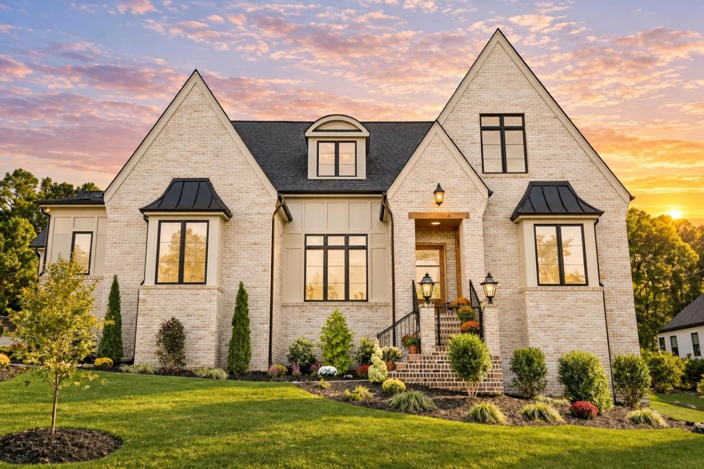 23-1243 HOUSE PLAN – Contemporary Tudor Home Plan – 4-Bed, 5-Bath, 7,129 SF - Warm Natural, AI-generated exterior concept