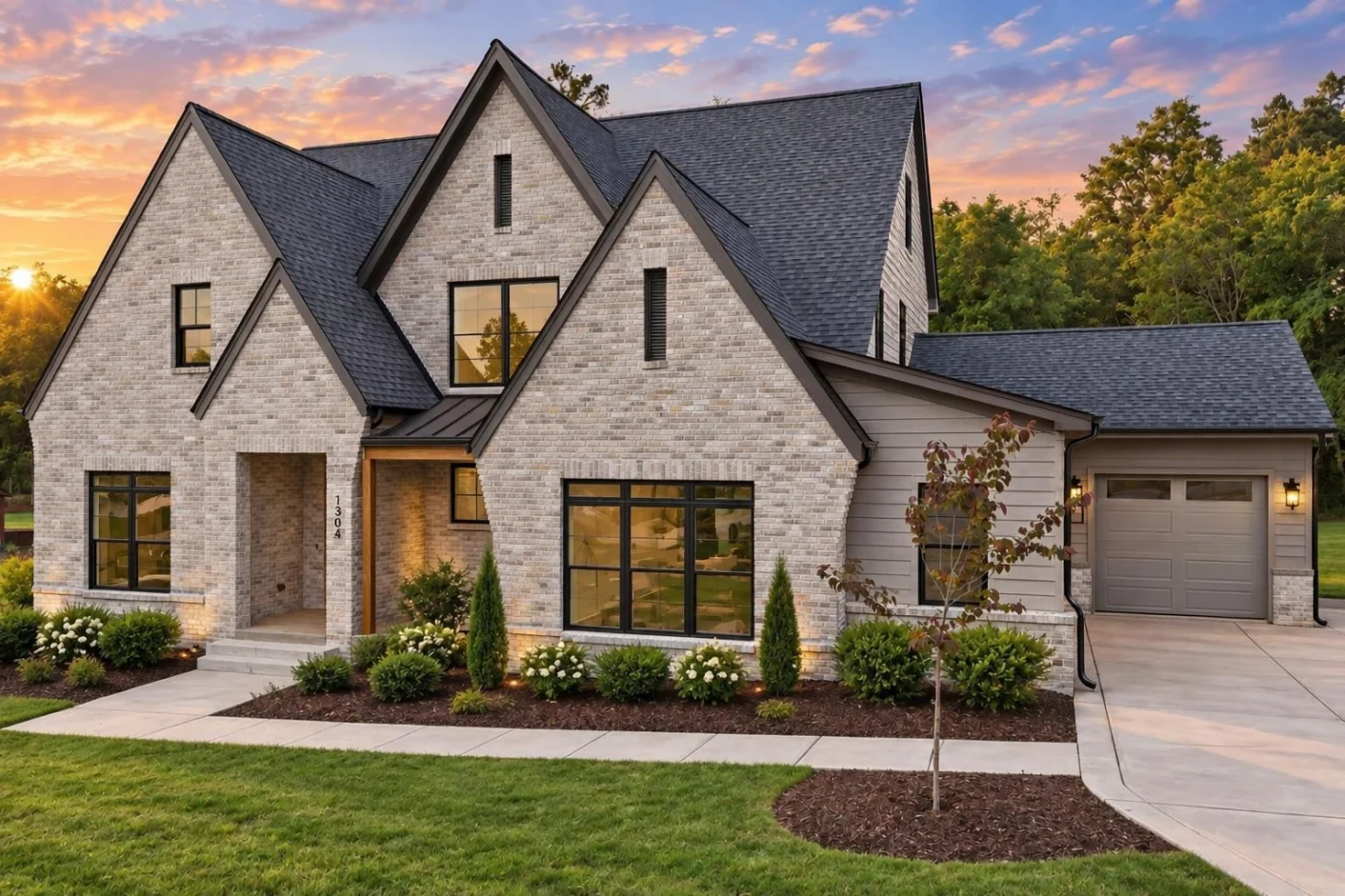 23-2047 HOUSE PLAN – Modern Tudor Home Plan – 4-Bed, 5.5-Bath, 3,697 SF - Modern Brick, AI-generated exterior concept