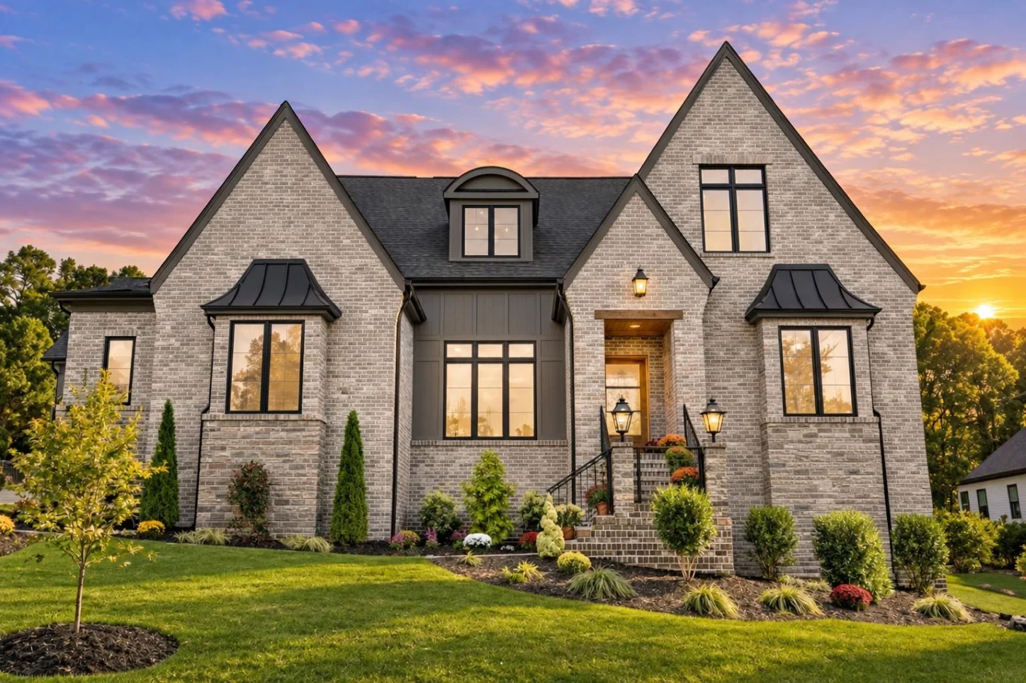 23-1243 HOUSE PLAN – Contemporary Tudor Home Plan – 4-Bed, 5-Bath, 7,129 SF - Modern Brick, AI-generated exterior concept