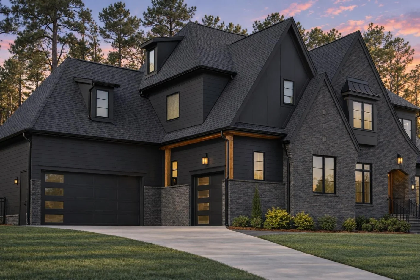 23-1267 HOUSE PLAN – Contemporary Tudor Home Plan – 5-Bed, 5-Bath, 5,251 SF - Modern Dark, AI-generated exterior concept