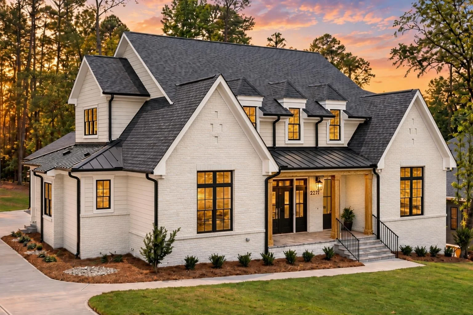 23-1869 HOUSE PLAN – Modern Farmhouse Home Plan – 4-Bed, 4.5-Bath, 3,783 SF - Warm Natural, AI-generated exterior concept