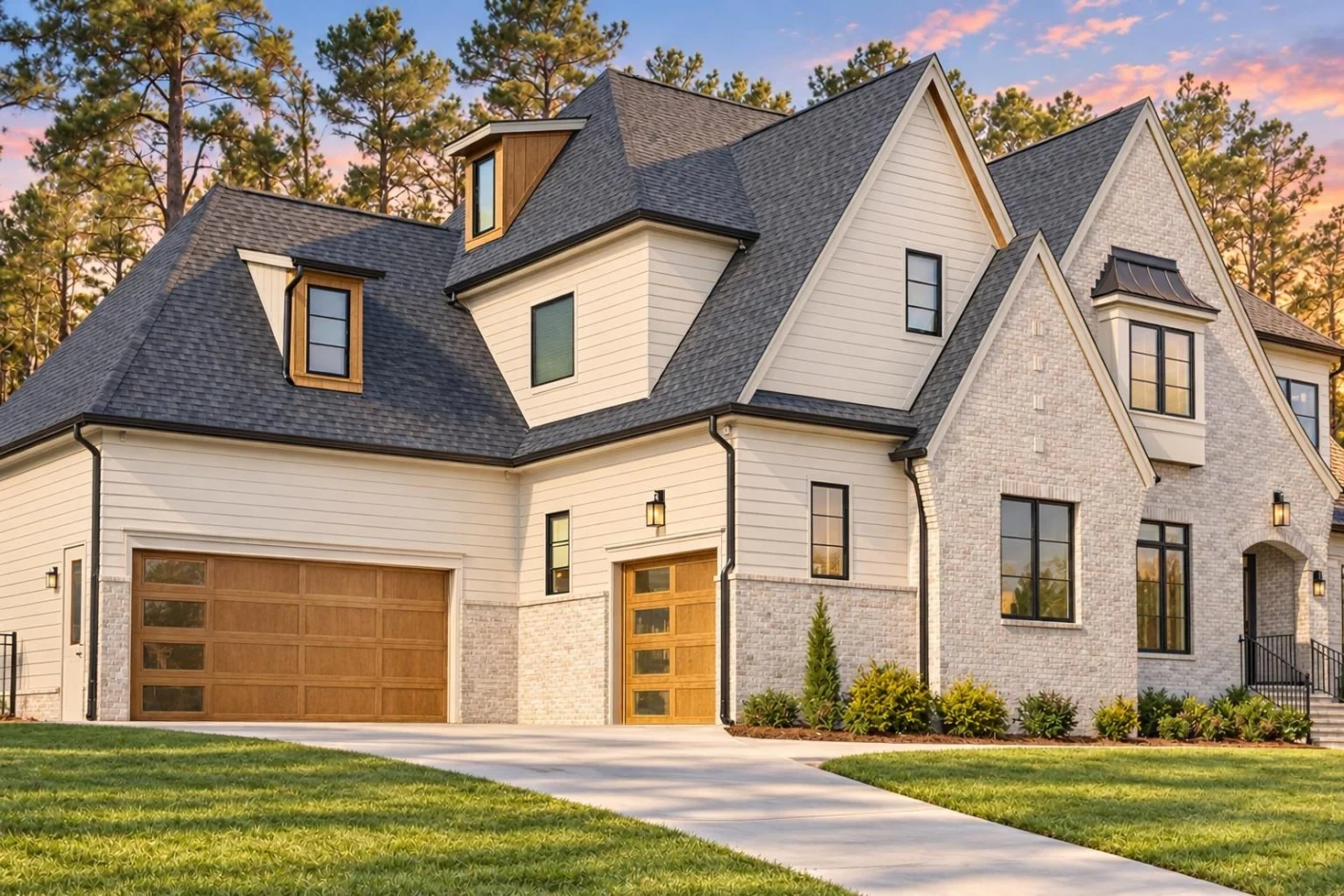23-1267 HOUSE PLAN – Contemporary Tudor Home Plan – 5-Bed, 5-Bath, 5,251 SF - Warm Natural, AI-generated exterior concept