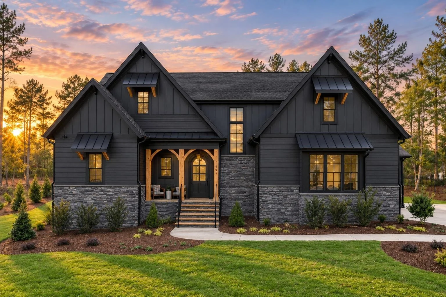 23-1854 HOUSE PLAN – Modern Farmhouse Home Plan – 4-Bed, 5-Bath, 3,721 SF - Modern Dark, AI-generated exterior concept
