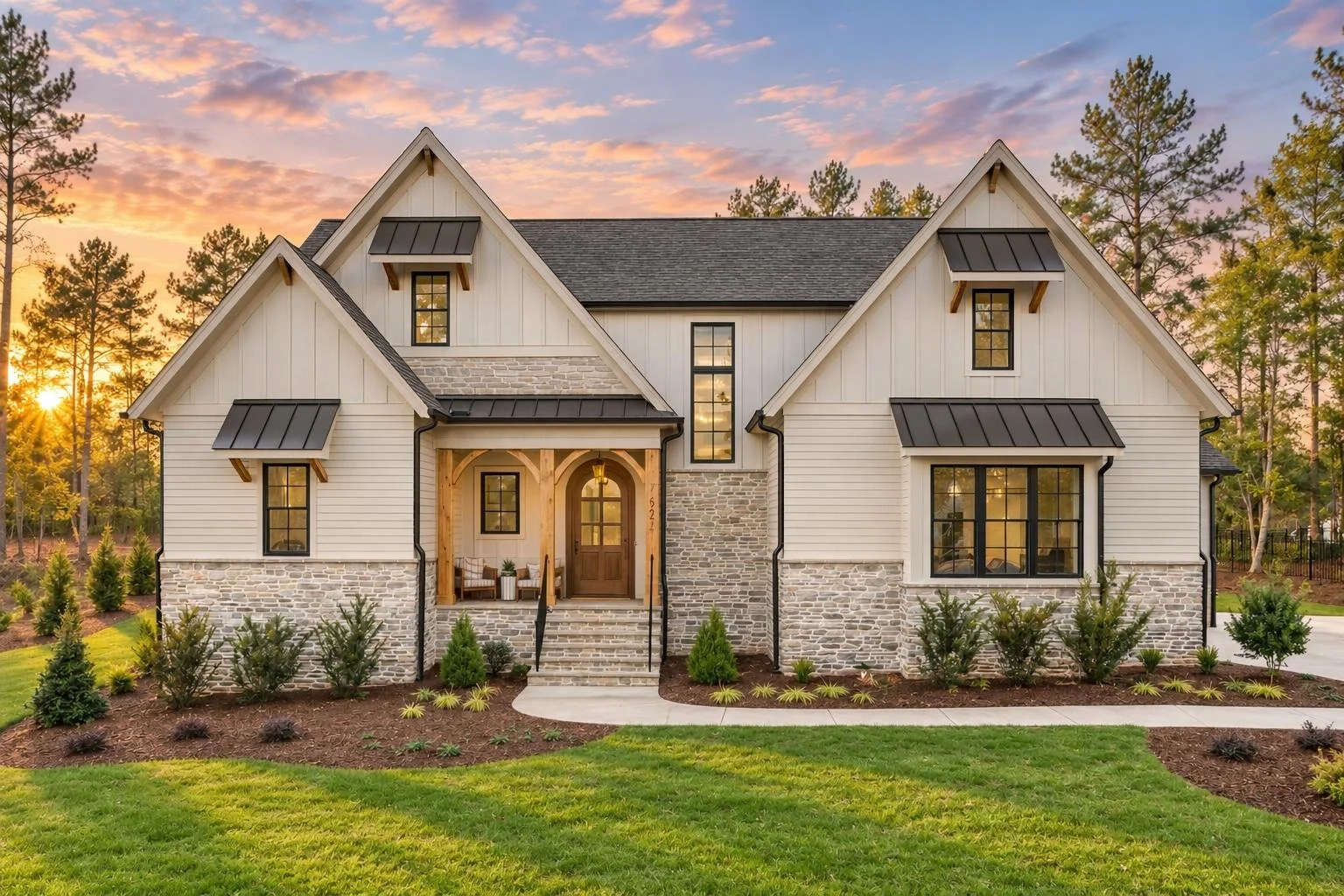 23-1854 HOUSE PLAN – Modern Farmhouse Home Plan – 4-Bed, 5-Bath, 3,721 SF - Warm Natural, AI-generated exterior concept