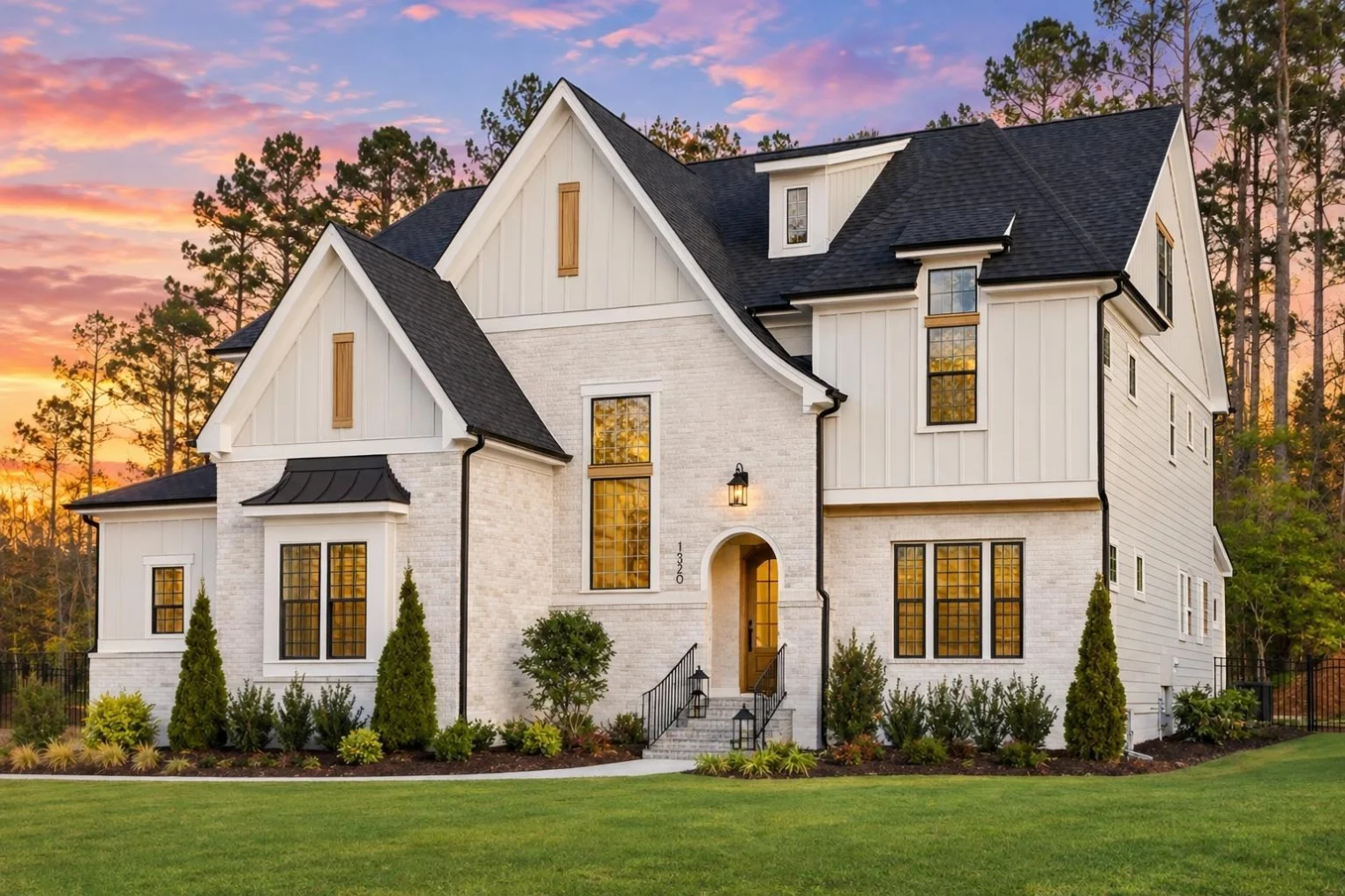 23-1899 HOUSE PLAN – Modern Farmhouse Home Plan – 4-Bed, 5-Bath, 4,272 SF - Warm Natural, AI-generated exterior concept