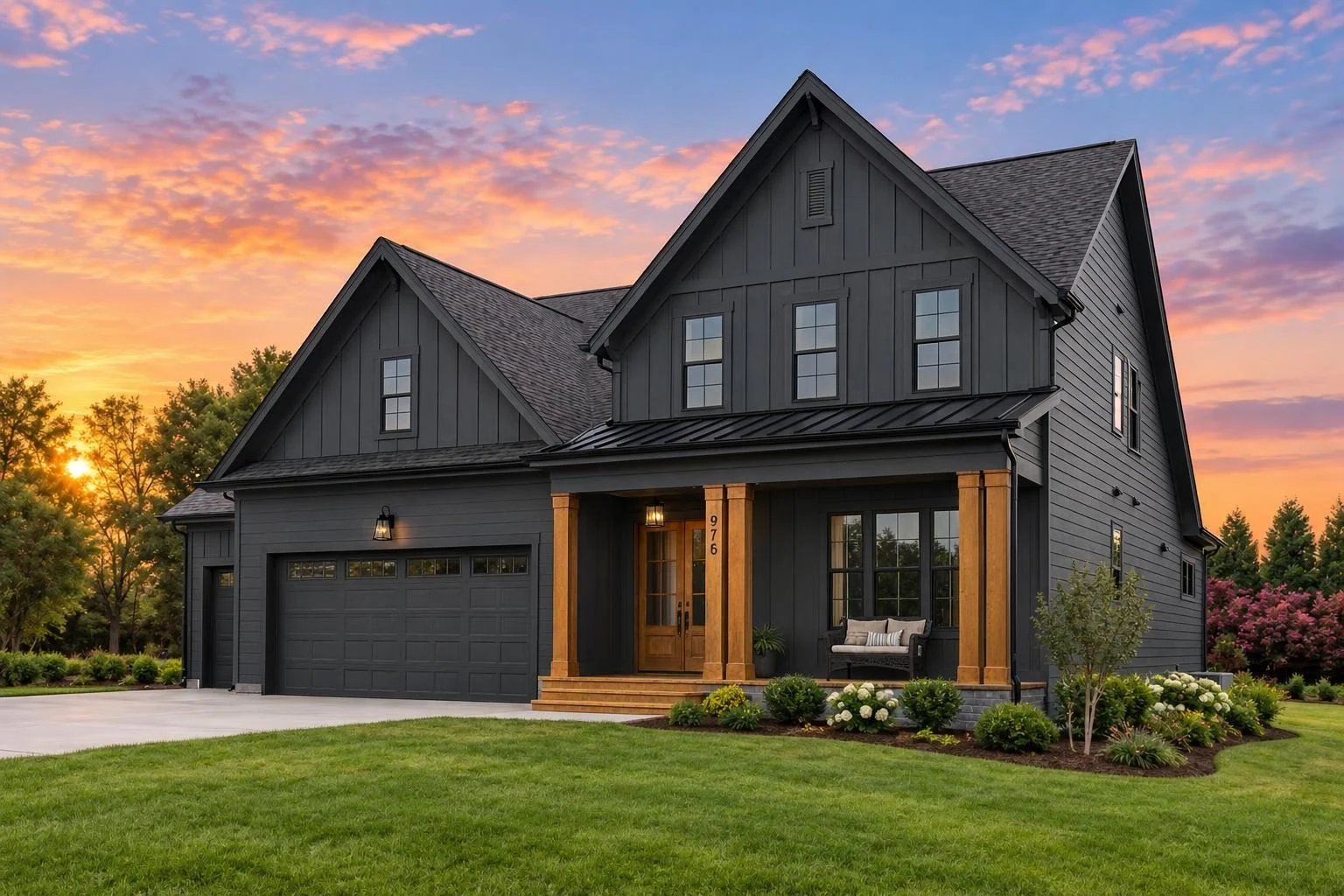 23-1004A HOUSE PLAN – Modern Farmhouse Home Plan – 4-Bed, 4.5-Bath, 3,088 SF - Modern Dark, AI-generated exterior concept