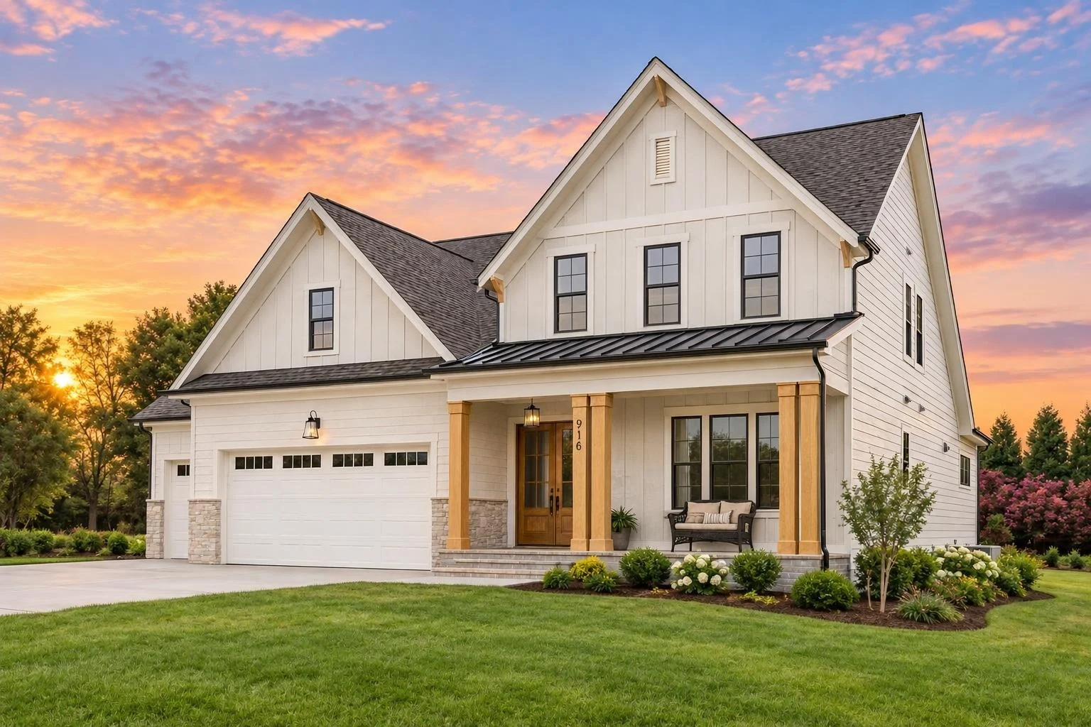23-1004A HOUSE PLAN – Modern Farmhouse Home Plan – 4-Bed, 4.5-Bath, 3,088 SF - Warm Natural, AI-generated exterior concept