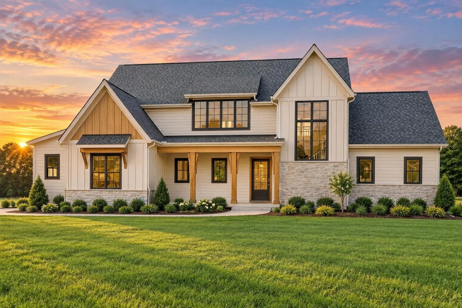 22-2093 HOUSE PLAN – Modern Farmhouse Home Plan – 4-Bed, 4.5-Bath, 3,281 SF - Warm Natural, AI-generated exterior concept