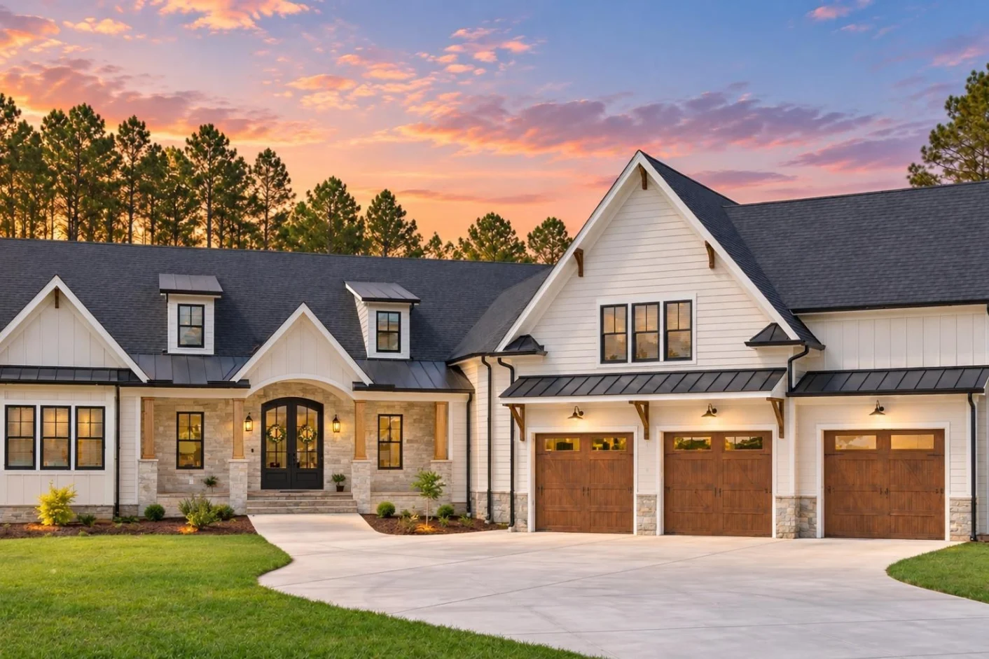 23-1697 HOUSE PLAN – Modern Farmhouse Home Plan – 4-Bed, 3.5-Bath, 3,647 SF - Warm Natural, AI-generated exterior concept