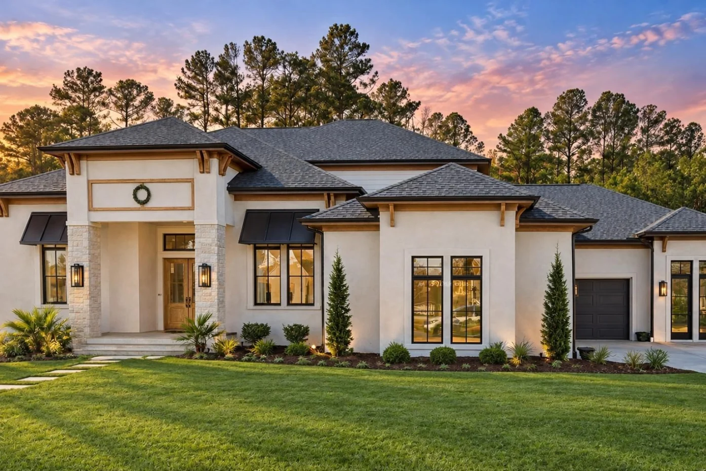 22-1357 HOUSE PLAN – Modern Mediterranean Home Plan – 4-Bed, 3.5-Bath, 4,888 SF - Warm Natural, AI-generated exterior concept