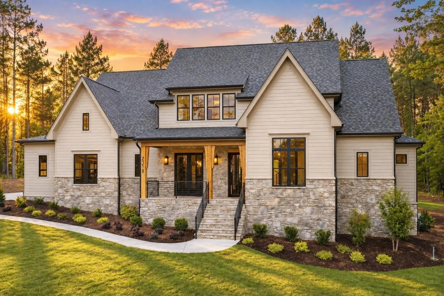 22-1197 HOUSE PLAN – Modern Farmhouse Home Plan – 4-Bed, 4.5-Bath, 3,446 SF - Warm Natural, AI-generated exterior concept