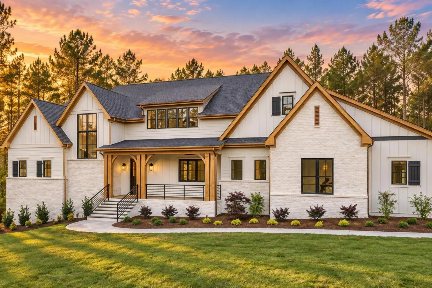 22-1130 HOUSE PLAN – Modern Farmhouse Home Plan – 4-Bed, 4.5-Bath, 3,636 SF - Warm Natural, AI-generated exterior concept