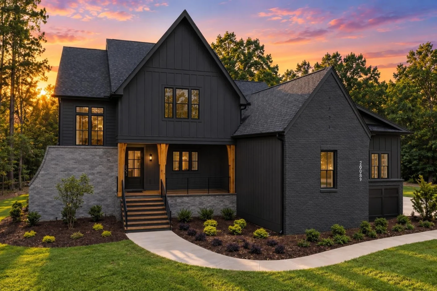 22-1027 HOUSE PLAN – Modern Farmhouse Home Plan – 3-Bed, 3.5-Bath, 3,083 SF - Modern Dark, AI-generated exterior concept