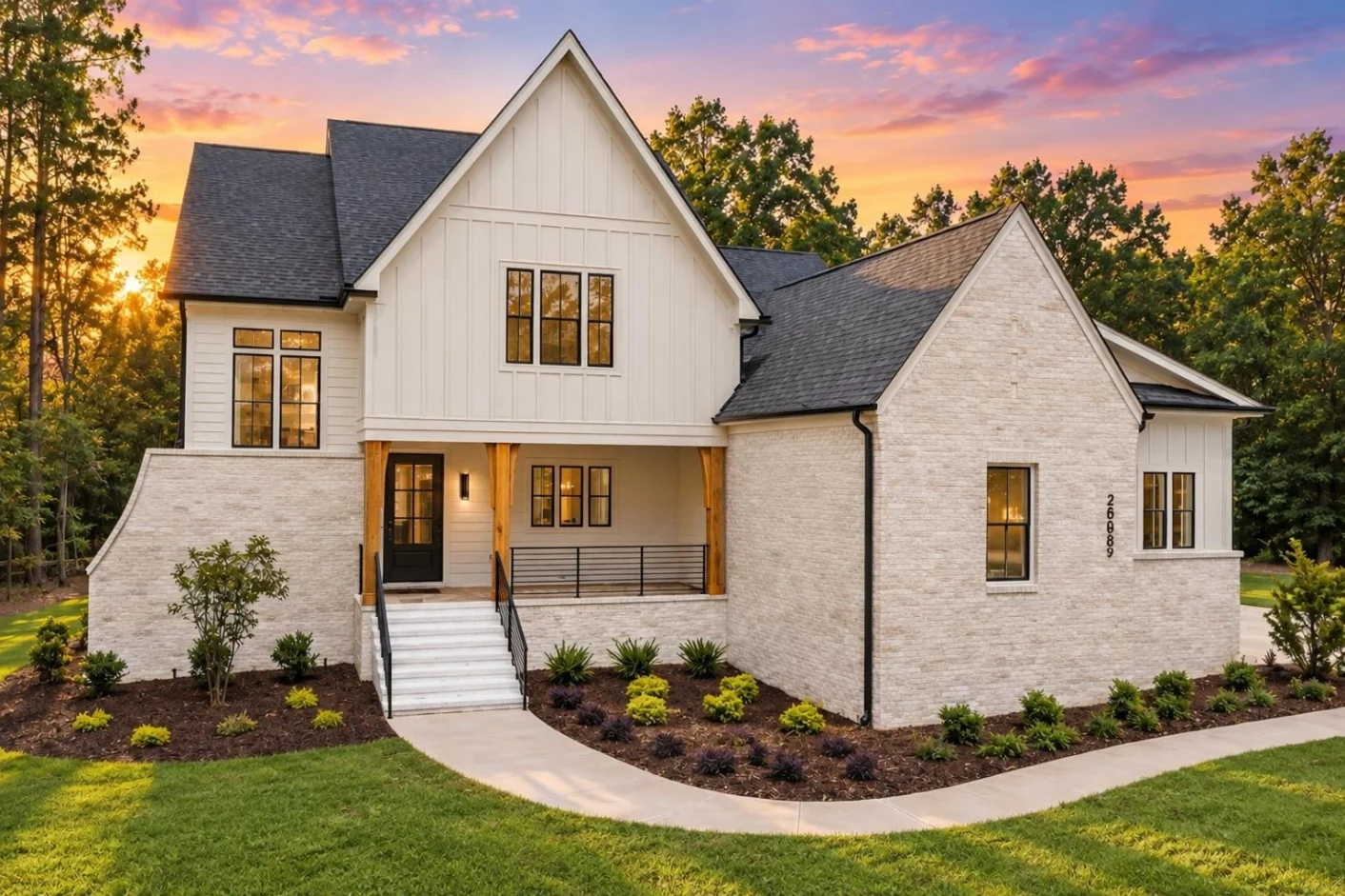 22-1027 HOUSE PLAN – Modern Farmhouse Home Plan – 3-Bed, 3.5-Bath, 3,083 SF - Warm Natural, AI-generated exterior concept
