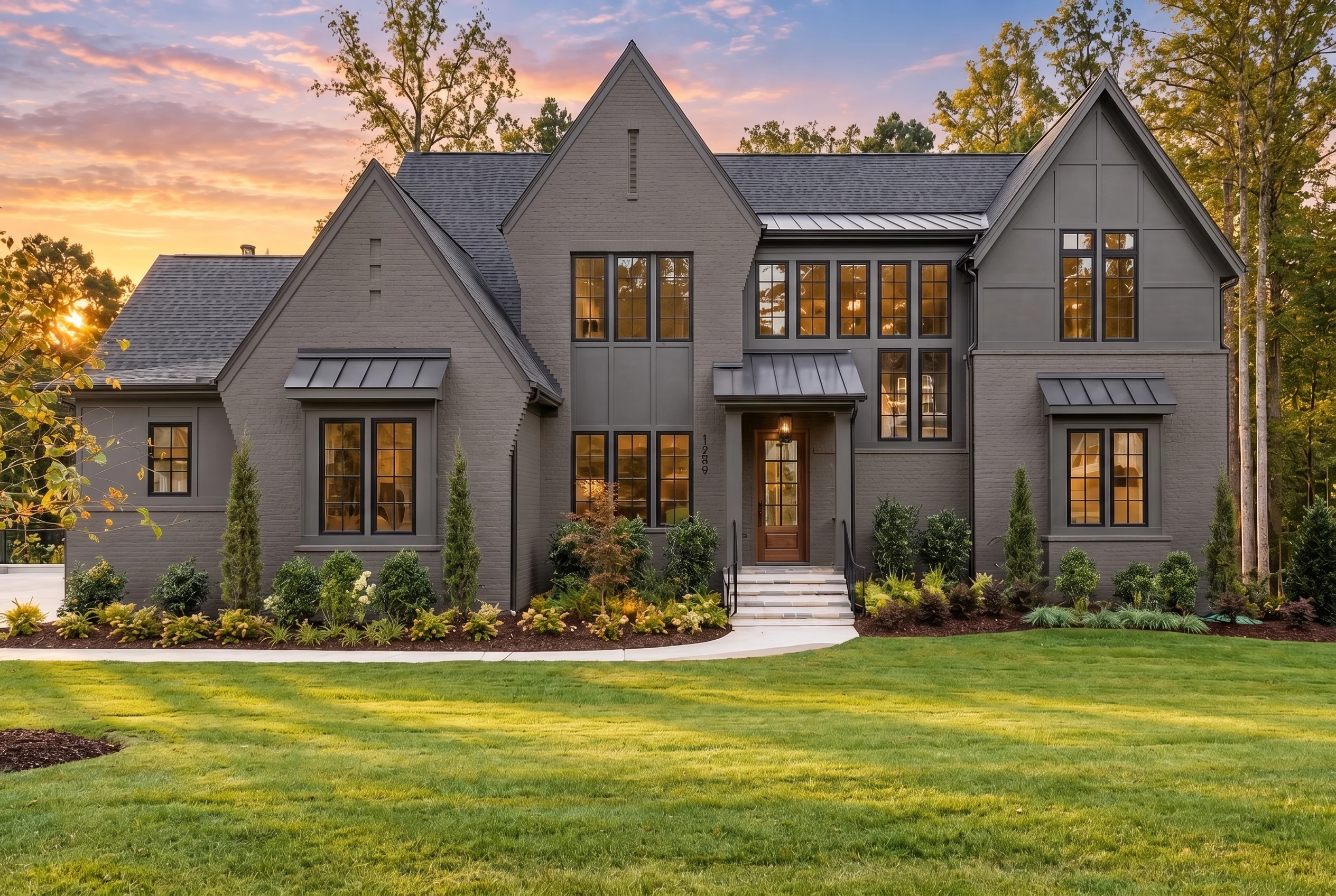 22-1536 HOUSE PLAN – Modern Tudor Farmhouse Home Plan – 4-Bed, 5.5-Bath, 5,950 SF - Modern Dark, AI-generated exterior concept