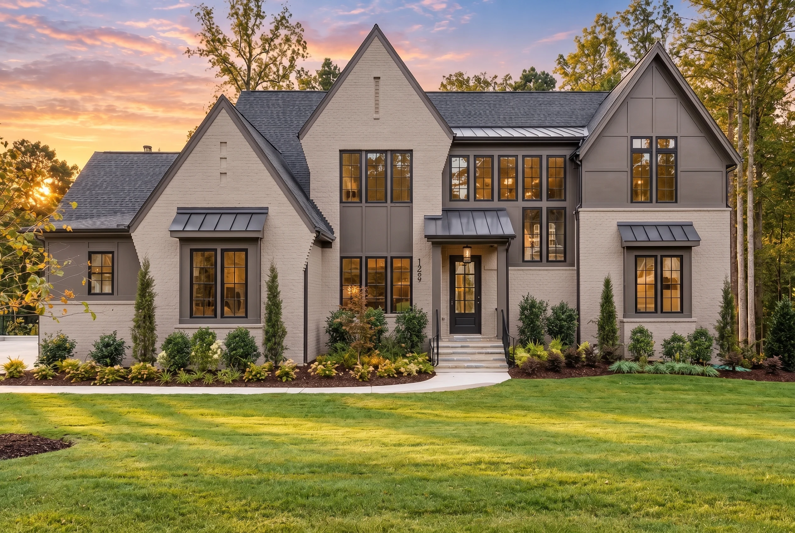 22-1536 HOUSE PLAN – Modern Tudor Farmhouse Home Plan – 4-Bed, 5.5-Bath, 5,950 SF - Warm Natural, AI-generated exterior concept