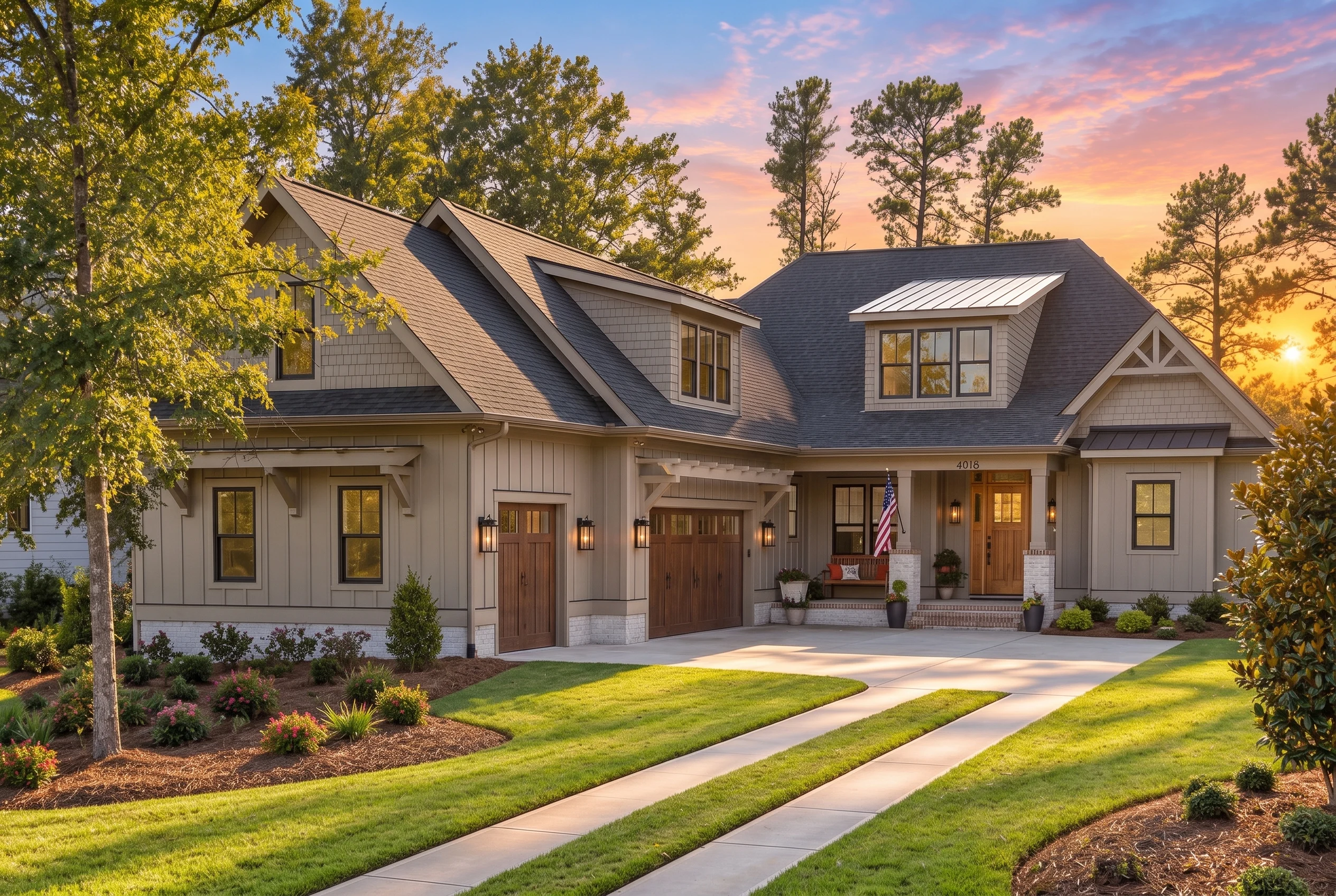 21-3333 HOUSE PLAN – Modern Farmhouse Home Plan – 3-Bed, 4-Bath, 3,481 SF - Warm Natural, AI-generated exterior concept