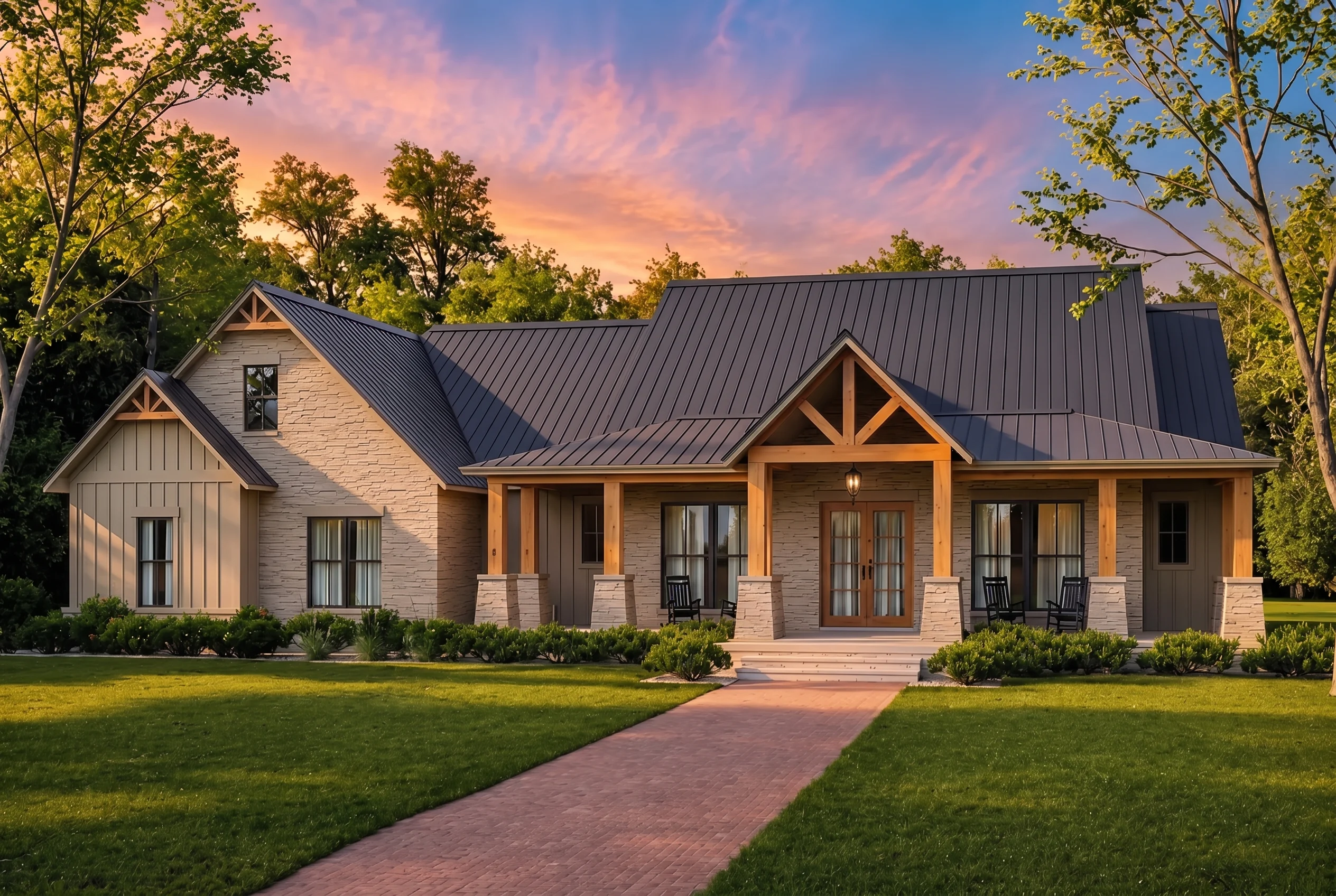 24-1121 HOUSE PLAN – Modern Farmhouse Home Plan – 4-Bed, 3.5-Bath, 2,961 SF - Warm Natural, AI-generated exterior concept