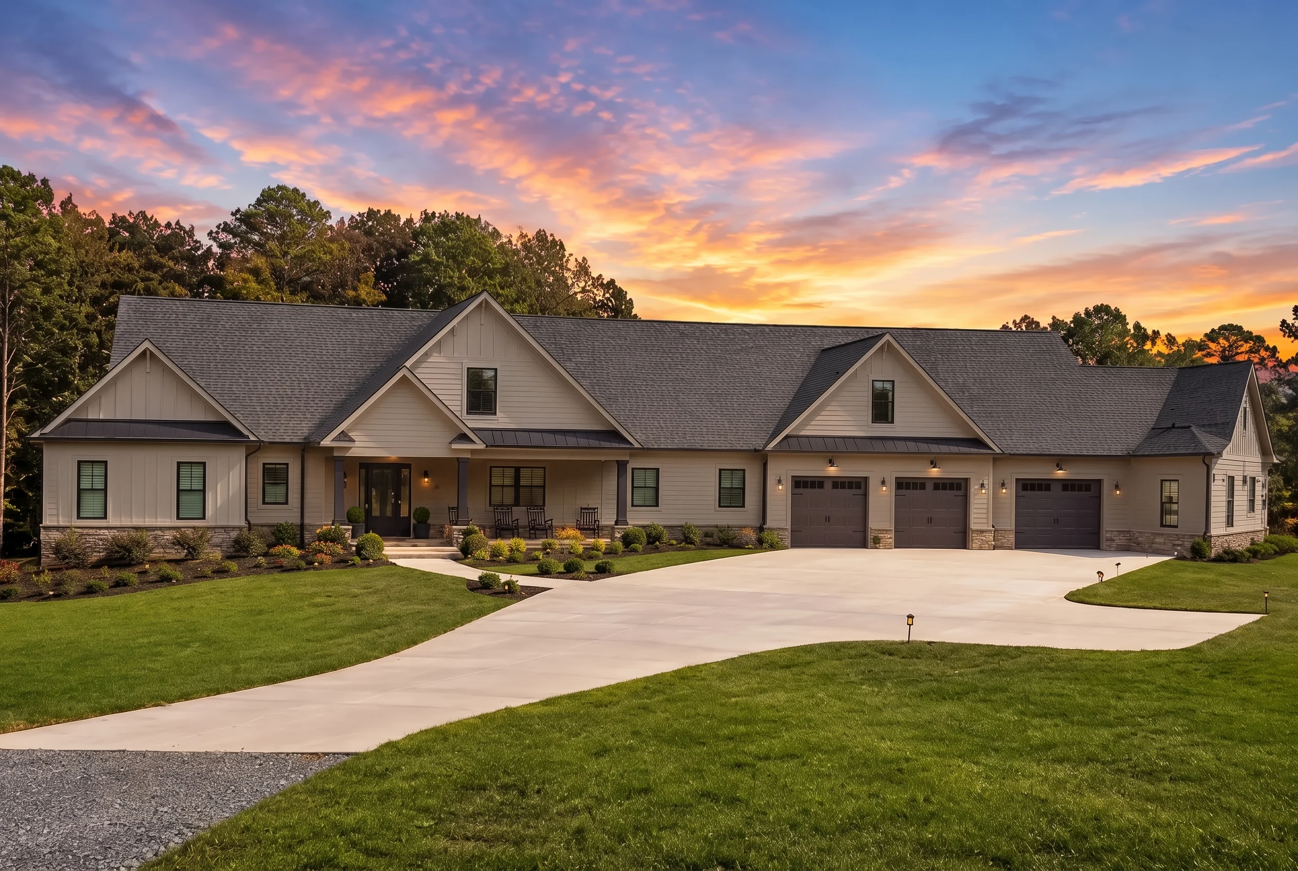 24-1097 HOUSE PLAN – Modern Farmhouse Home Plan – 4-Bed, 5-Bath, 4,345 SF - Warm Natural, AI-generated exterior concept