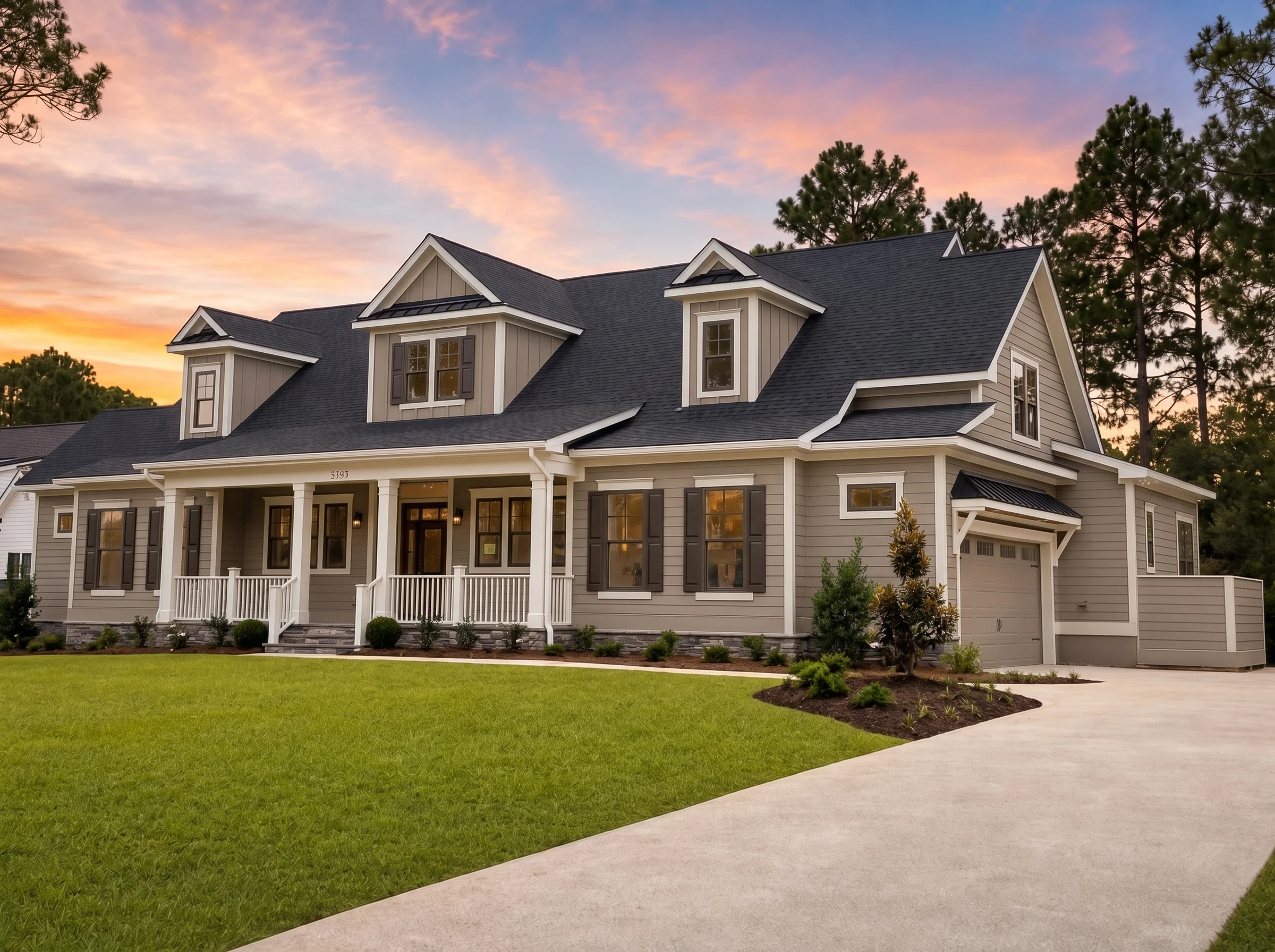 24-1166 HOUSE PLAN – Modern Farmhouse Home Plan – 3-Bed, 3.5-Bath, 3,341 SF - Warm Natural, AI-generated exterior concept
