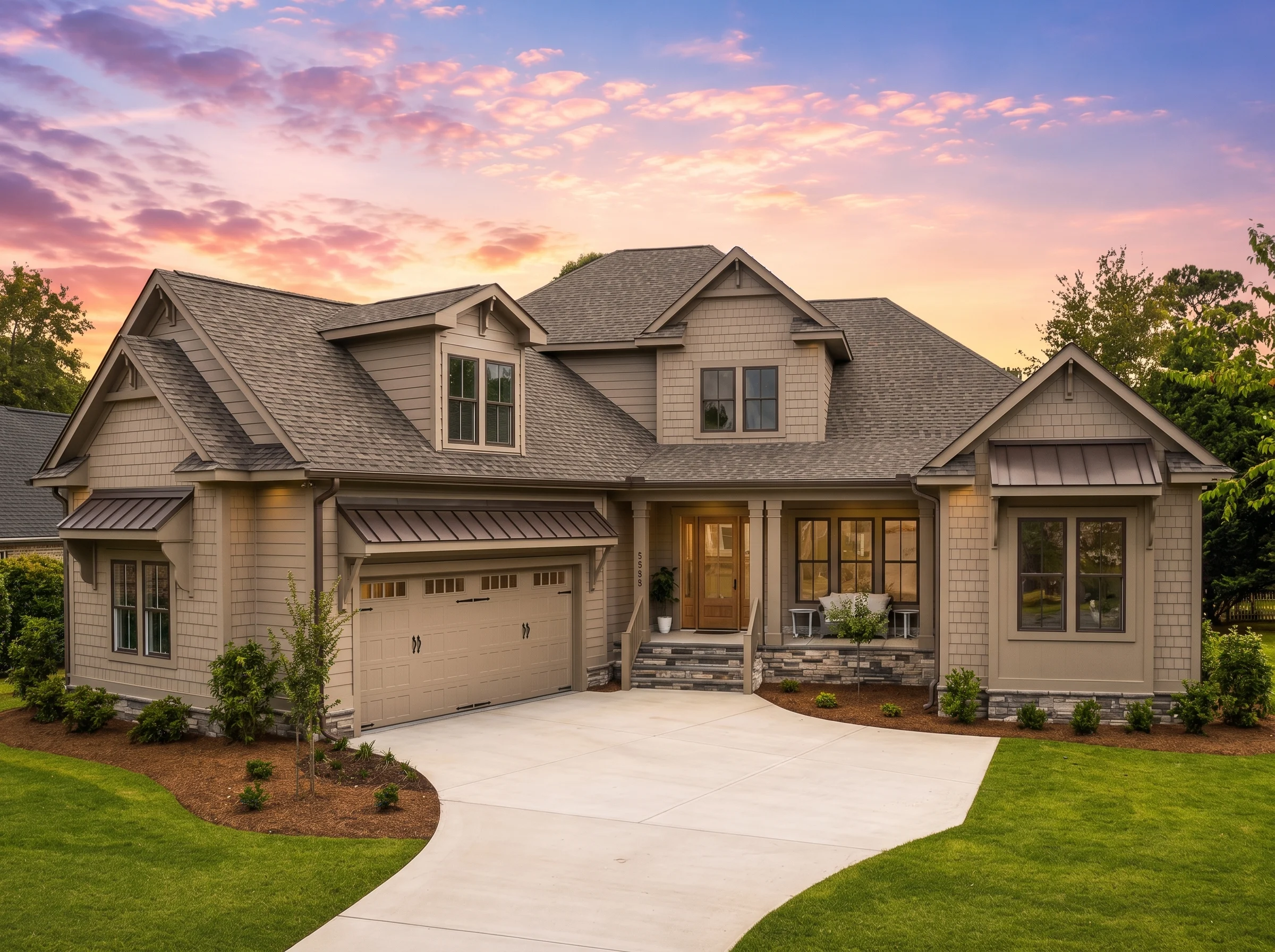 24-1405 HOUSE PLAN – Modern Farmhouse Home Plan – 4-Bed, 3.5-Bath, 3,192 SF - Warm Natural, AI-generated exterior concept