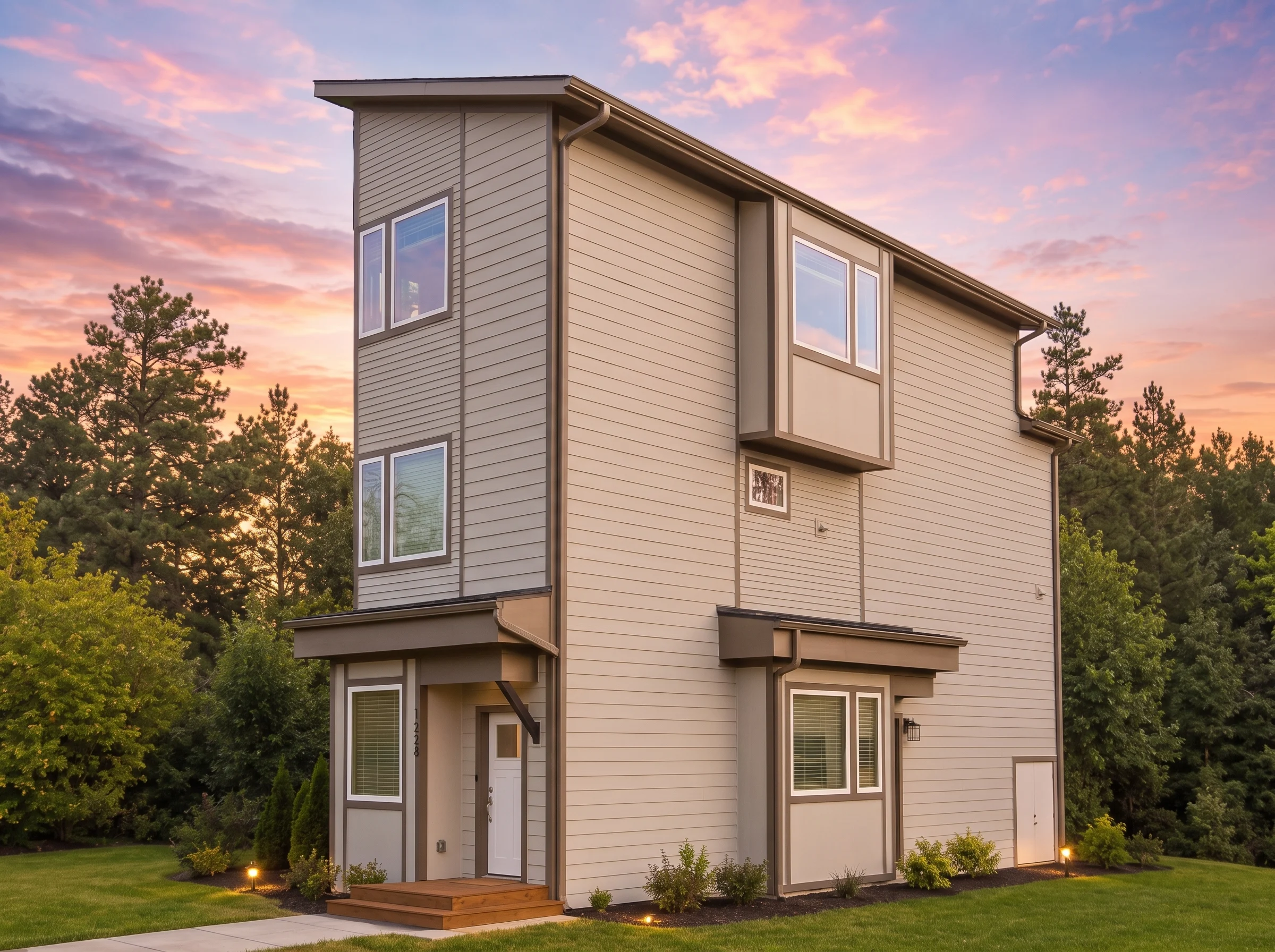24-1090 HOUSE PLAN – Contemporary Home Plan – 3-Bed, 3-Bath, 1,115 SF - Warm Natural, AI-generated exterior concept