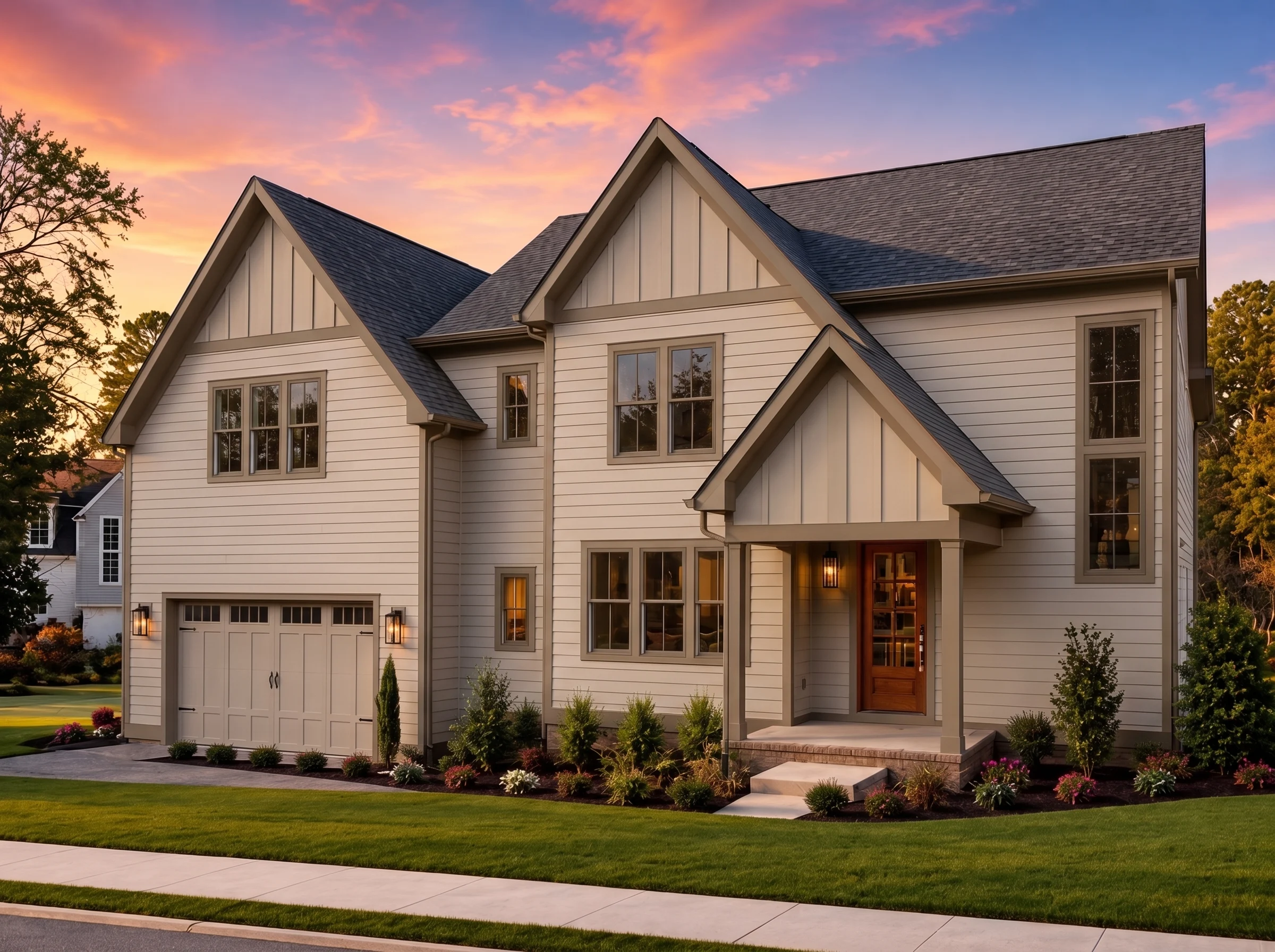 23-1063 HOUSE PLAN – Modern Farmhouse Home Plan – 4-Bed, 3.5-Bath, 3,520 SF - Warm Natural, AI-generated exterior concept