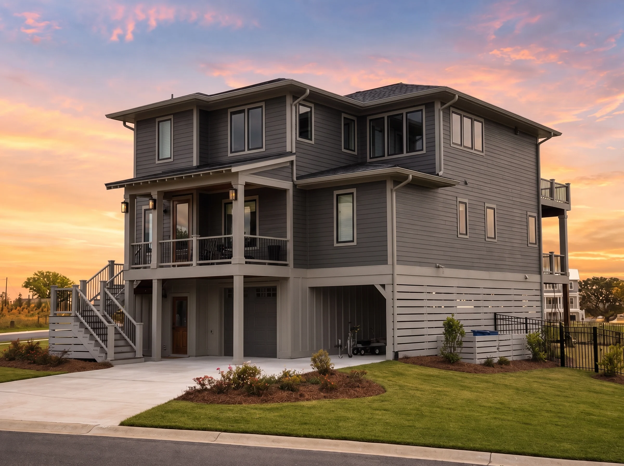 20-1104 HOUSE PLAN – Coastal Home Plan – 4-Bed, 4-Bath, 2,956 SF - Modern Dark, AI-generated exterior concept